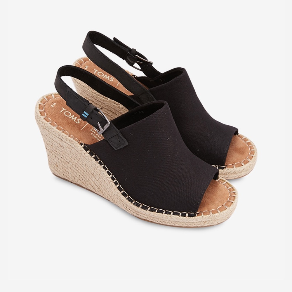 TOMS Women's Black Wedge Sandals Ankle Strap Buckle Closure Monica Wedges - NEW